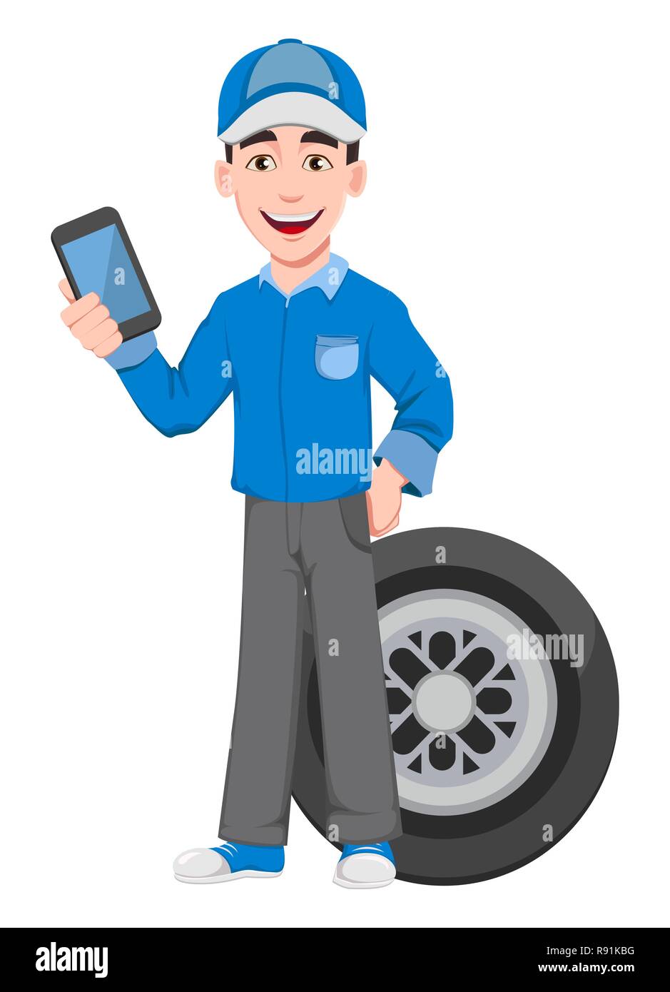 Professional auto mechanic in uniform. Smiling cartoon character stands  near wheel and holds smartphone. Expert service worker. Vector illustration  Stock Vector Image & Art - Alamy