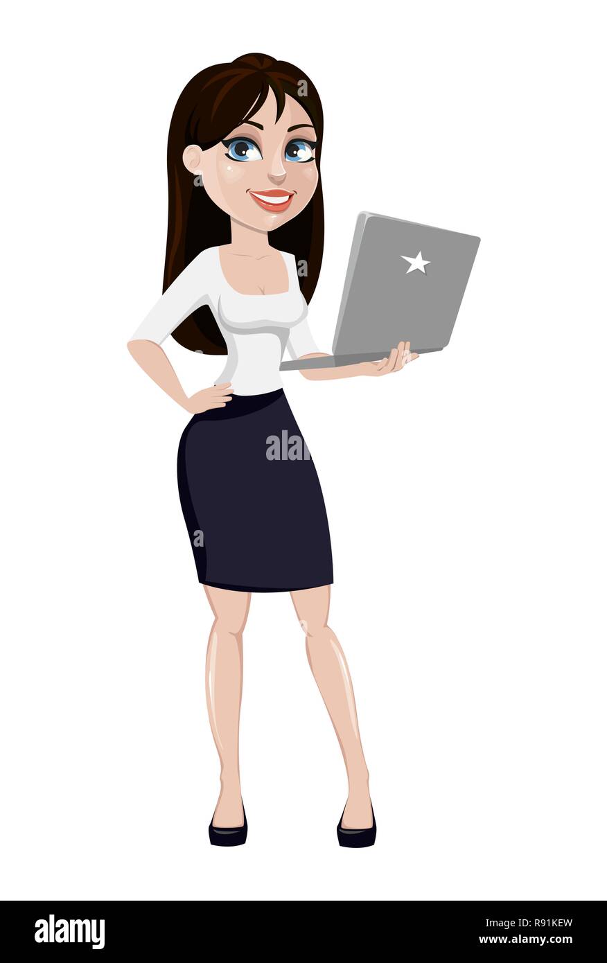 Business woman with brown hair, concept of cartoon character in office style  clothes. Modern lady businesswoman holds laptop. Vector illustration isol  Stock Vector Image & Art - Alamy