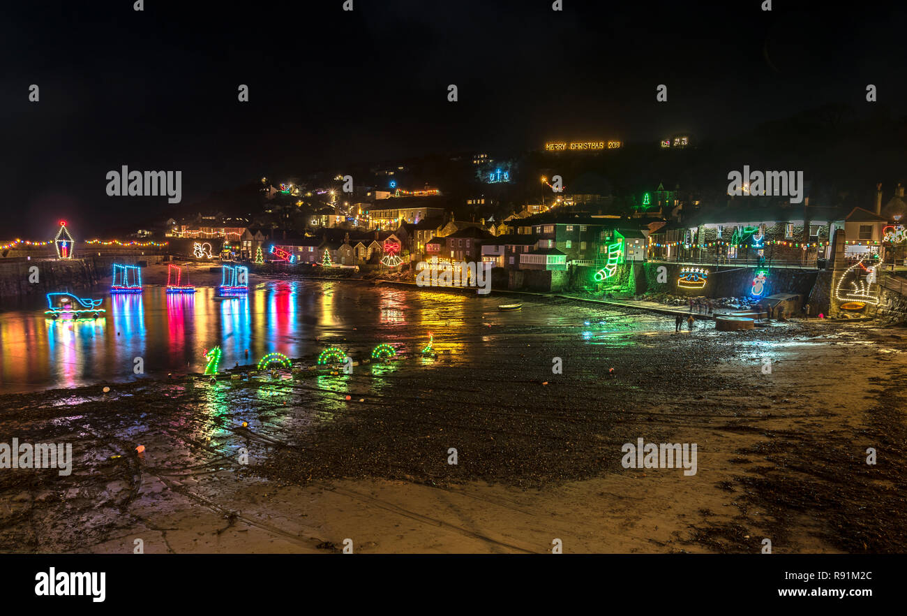 The famous Christmas lights of Mousehole harbour Corwall UK 2018 Stock