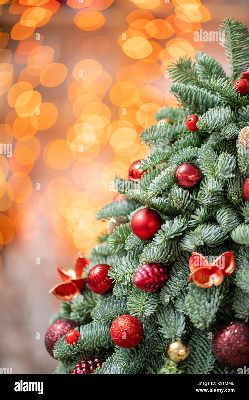 Beautiful Small Decorated Christmas Tree On Dark Wooden Table Happy Mood Garland Bokeh On Background Wallpaper Danish Pine And Fir Nobilis Stock Photo Alamy