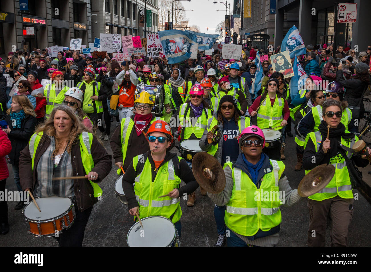 2018 Woman's March participants on Jackson Boulevard in Chicago. Stock Photo