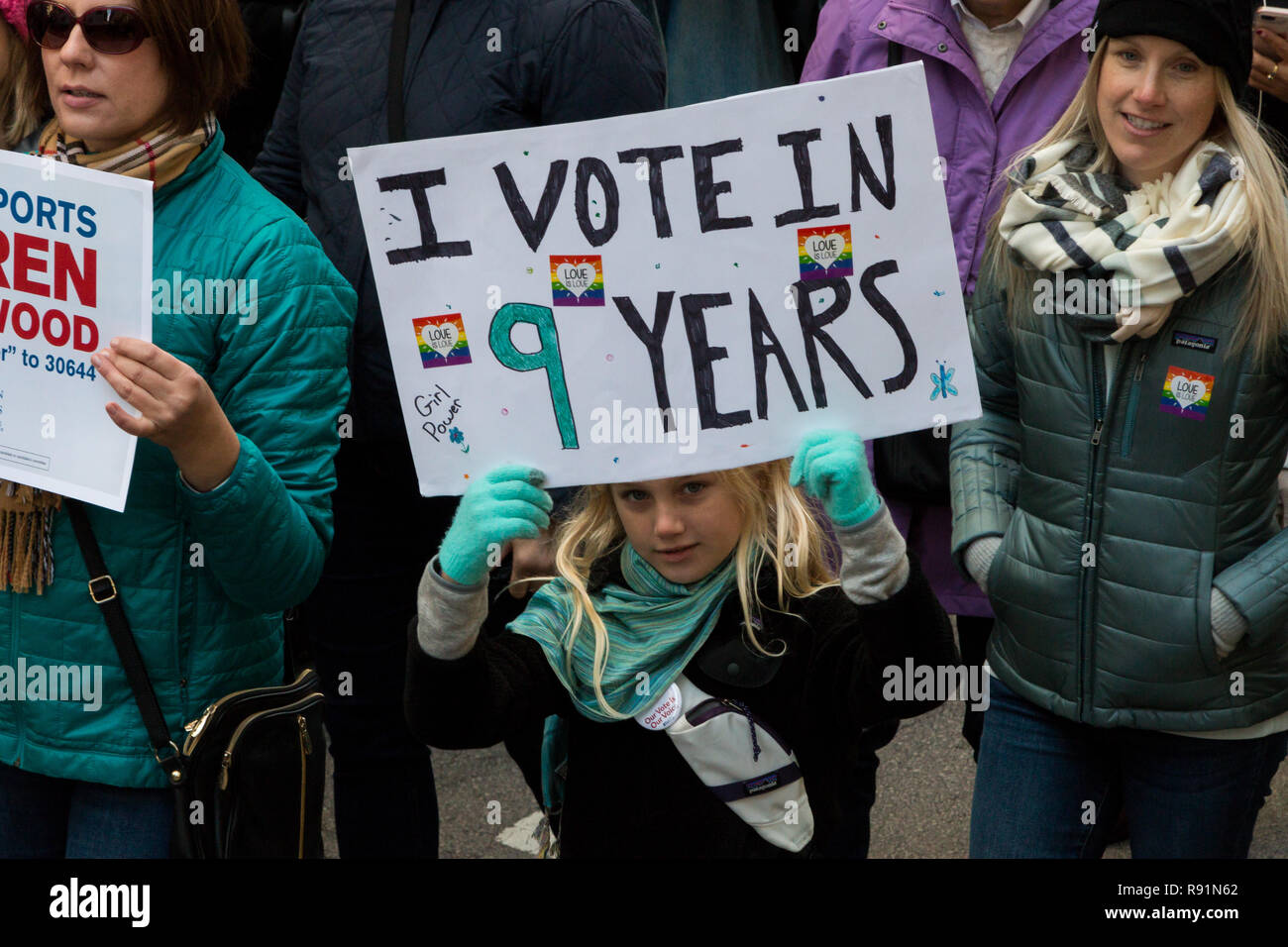 Young participant in the Chicago 'Women's March to the Polls' on October 13th, 2018. Stock Photo