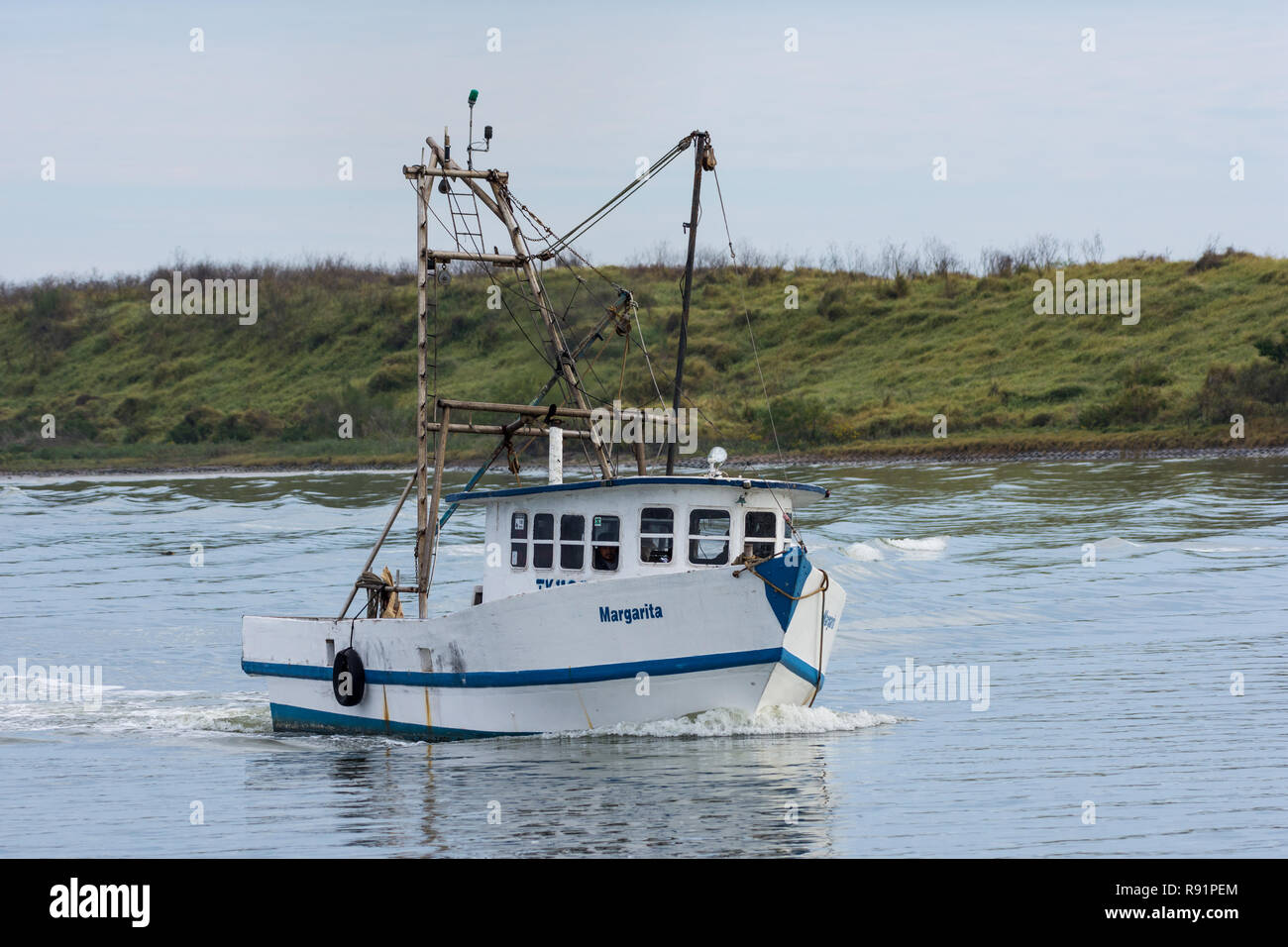 A shrimp boat sailing in Gulf coast. Aransas National Wildlife Refuge, Texas, USA. Stock Photo