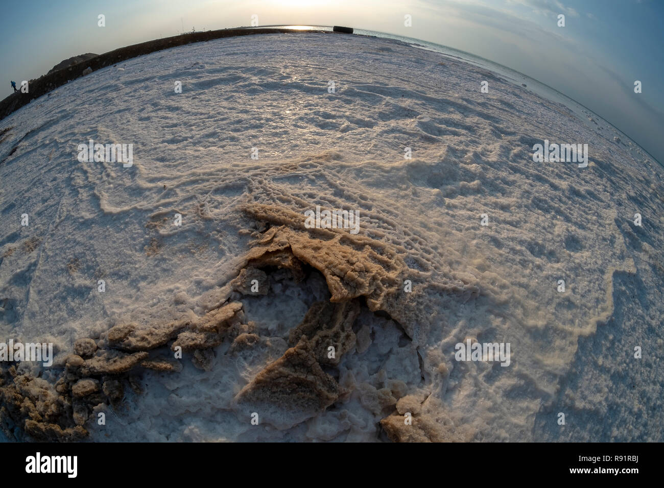 Israel, Dead Sea, fisheye view of salt crystalization caused by water evaporation Stock Photo
