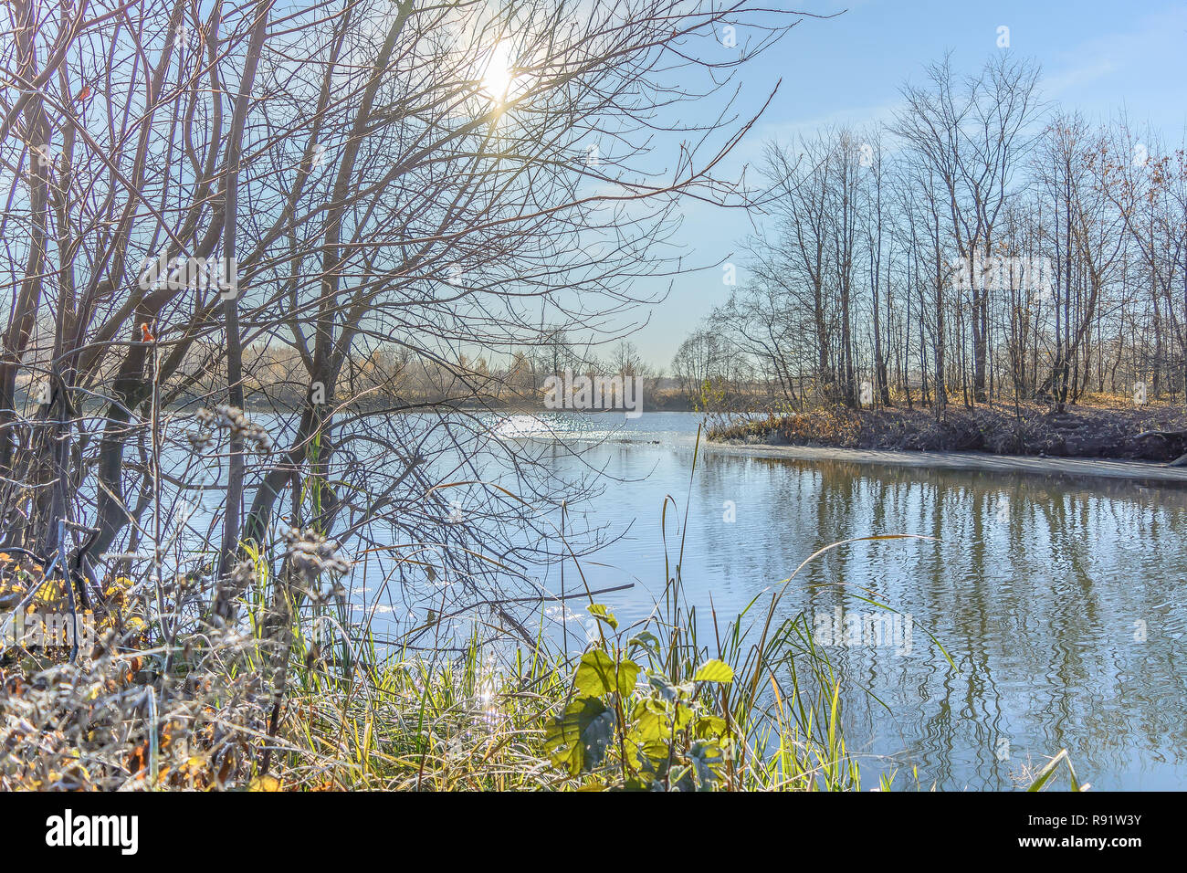 Late Autumn, Reflection Of The Trees In The River Stock Photo