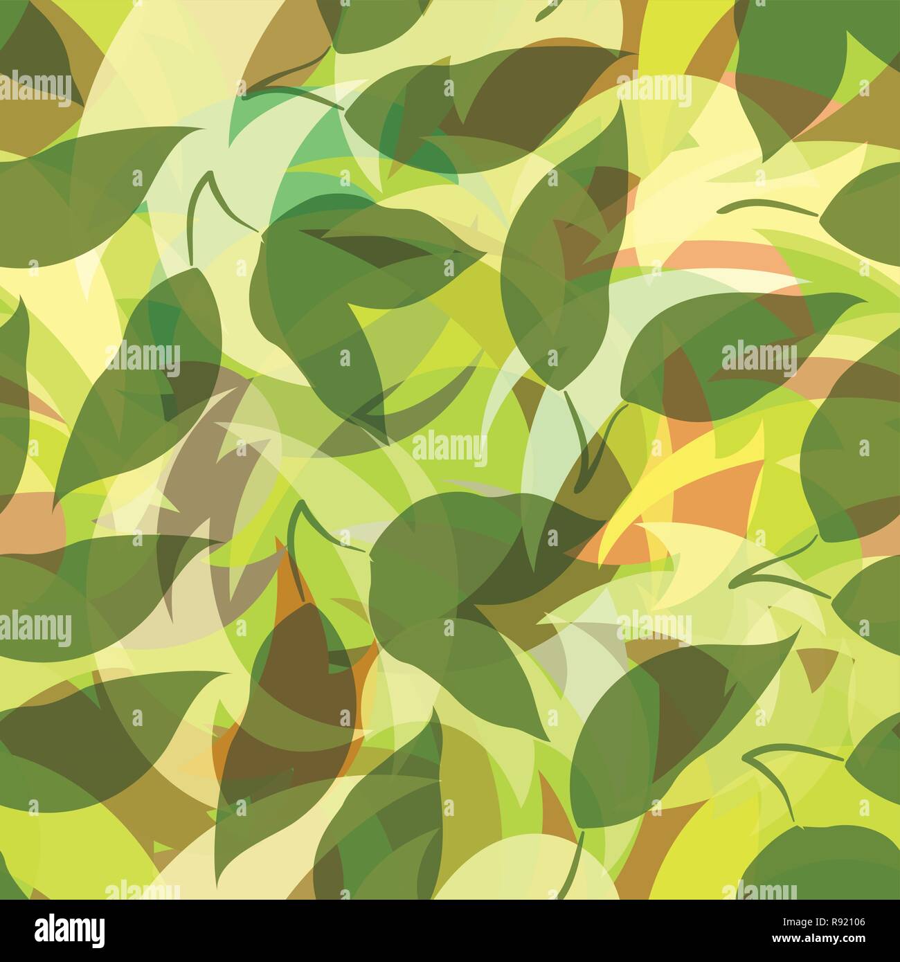 Seamless Background, Green Leaves Silhouettes on Abstract Tile Pattern. Vector Stock Vector