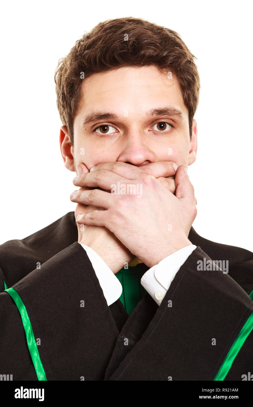 Emotions and communication clear message. Young guy cover mouth with