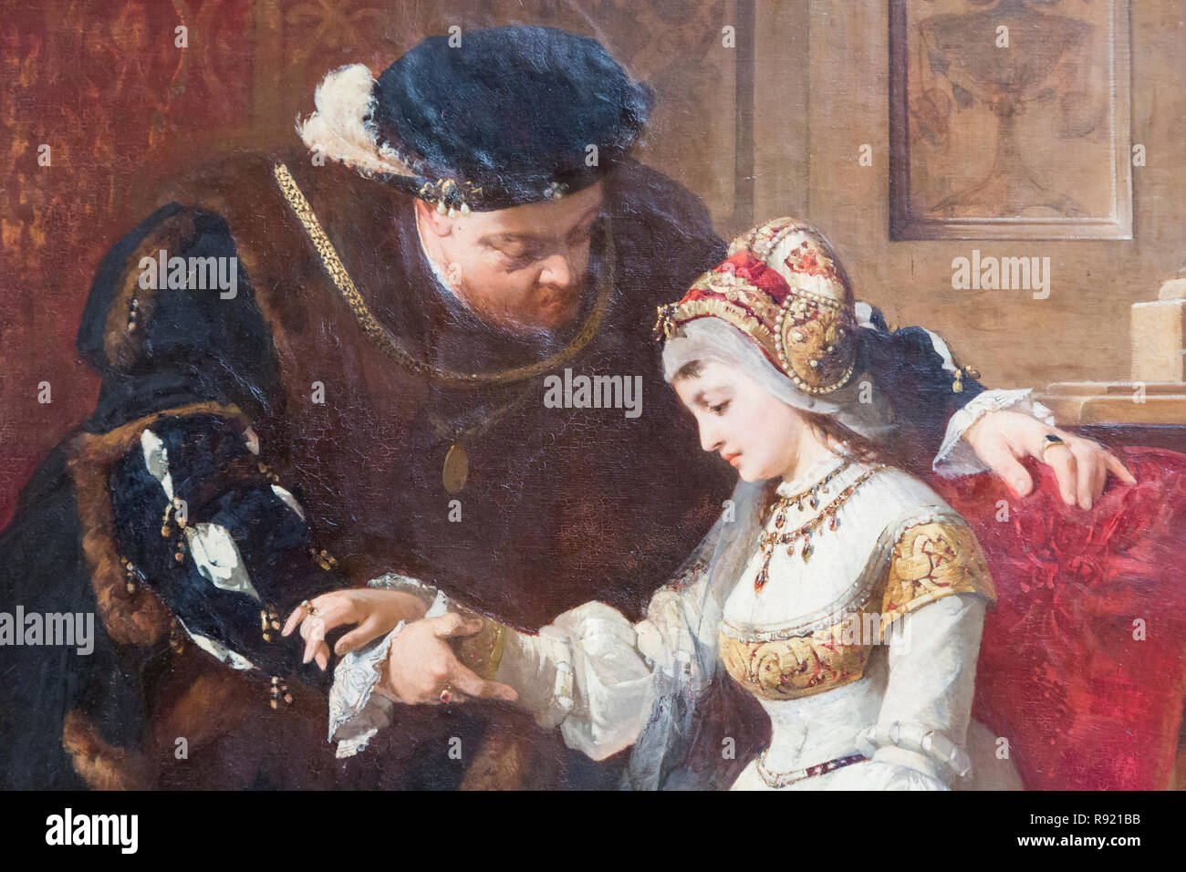 First Meeting Between Henry the Eighth and Anne Boleyn.  Henry VIII, 1491 – 1547. King of England. Anne Boleyn, c. 1501-1536.  Queen of England as the Stock Photo