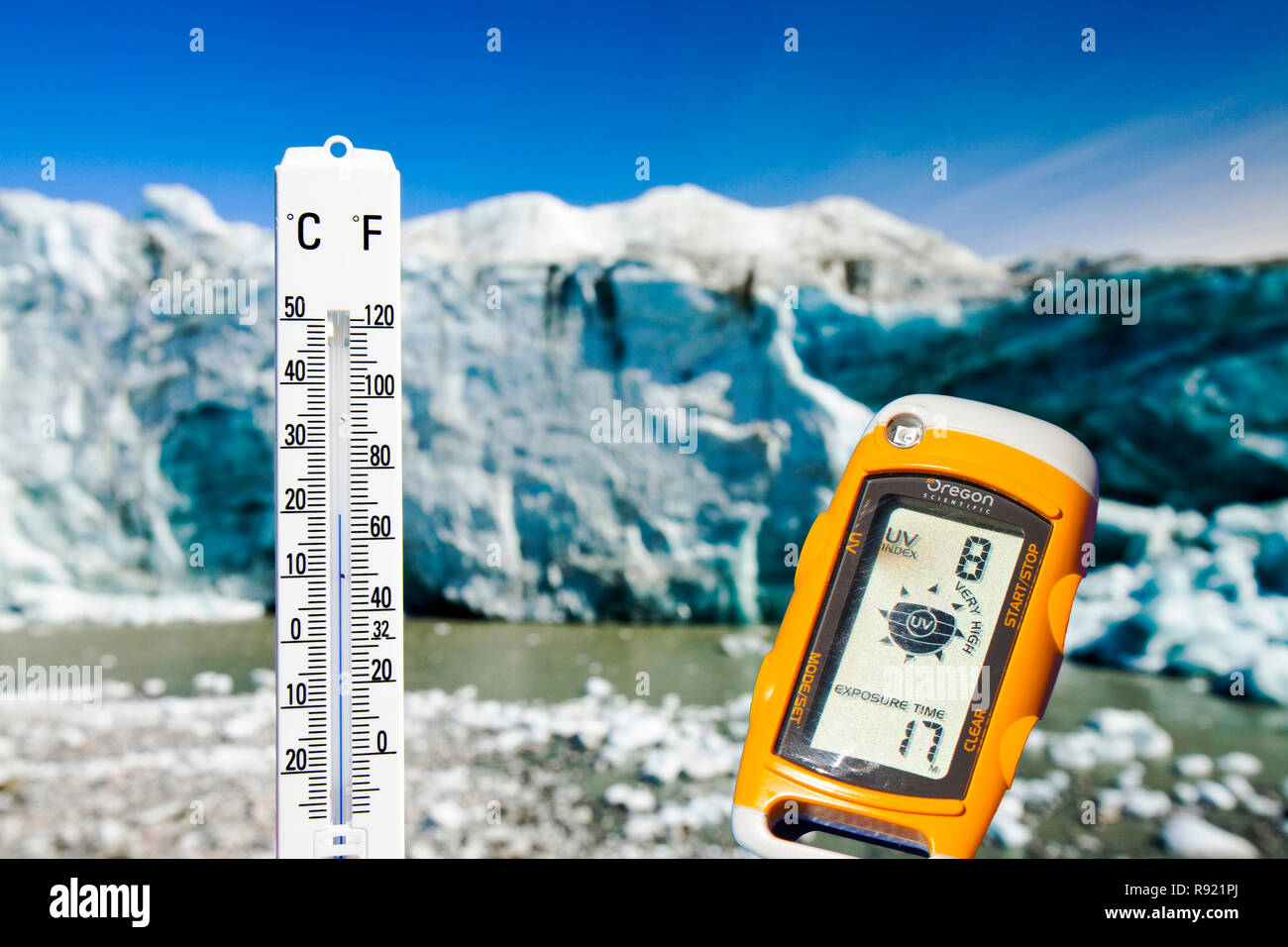 A thermometer taking the air temperature as part of a study to measure the speed of the Russell Glacier near Kangerlussuaq Greenland. The study is loo Stock Photo