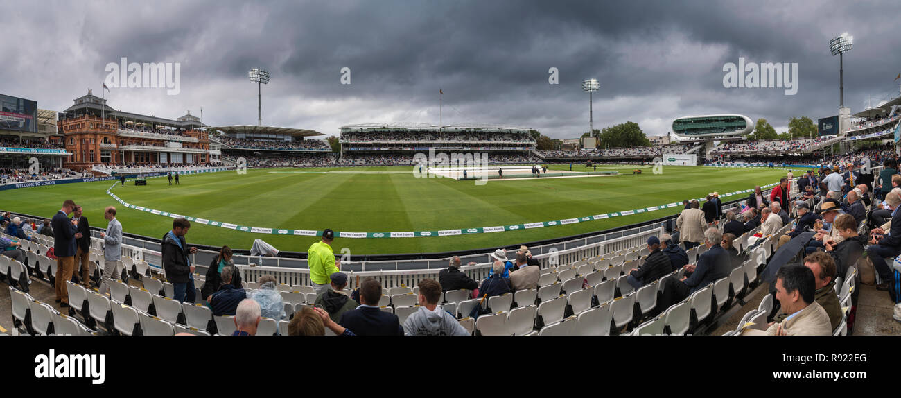 Panorama of Lords Cricket ground during a rain break in play on the second day of the Lords test England V India 2018. Stock Photo