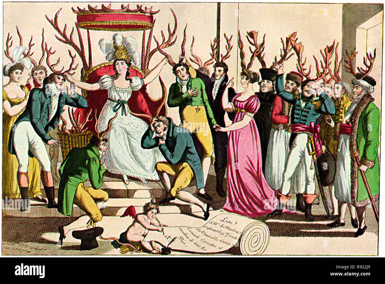 Before bunny ears, people were given cuckolds horns as an insult by  sneaking up behind them with two fingers (c. 1815 French satire Stock Photo  - Alamy