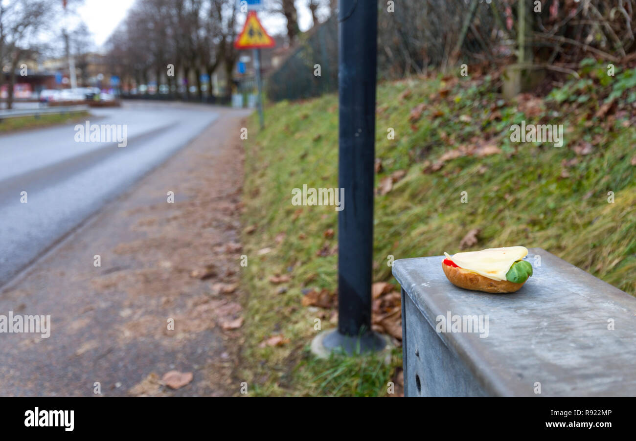 Fresh, newly made, cheese sandwich placed and left behind on electrical enclosure on the side of the road Stock Photo