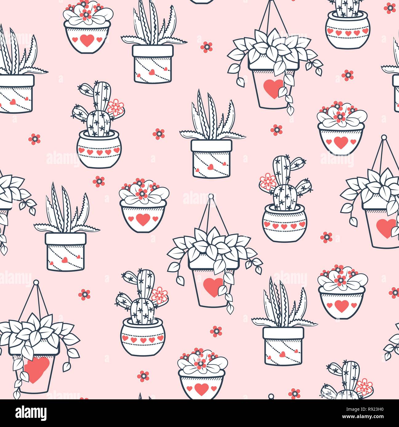 Seamless pattern with black and white cactus and succulents on white ...