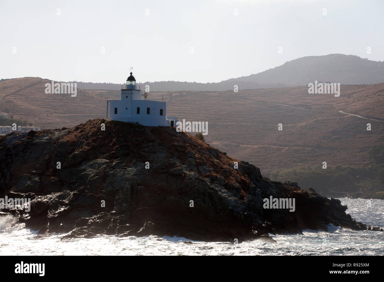 kea lighthouse harbour entrance kea cyclades greece Stock Photo