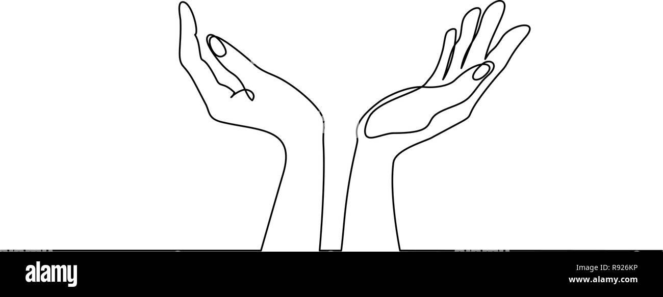 Continuous one line drawing. Hands palms together. Vector illustration Stock Vector