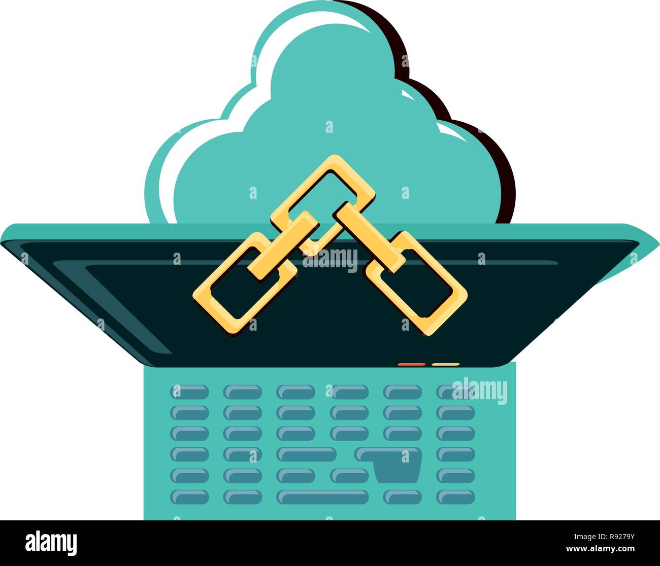 view aerial of laptop with cloud computing and chains vector ...
