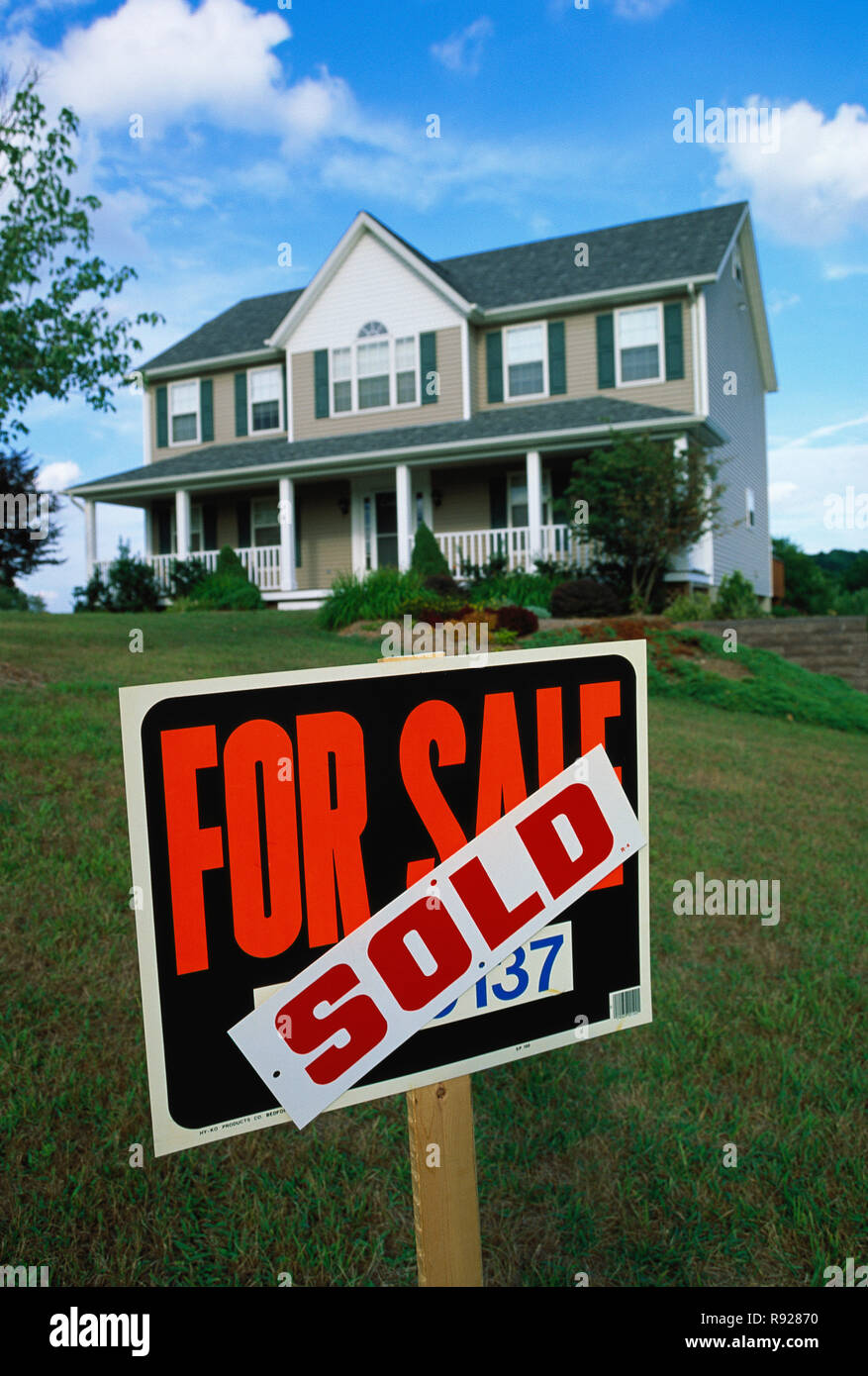 Suburban twostory home is for sale, New York State, USA Stock Photo