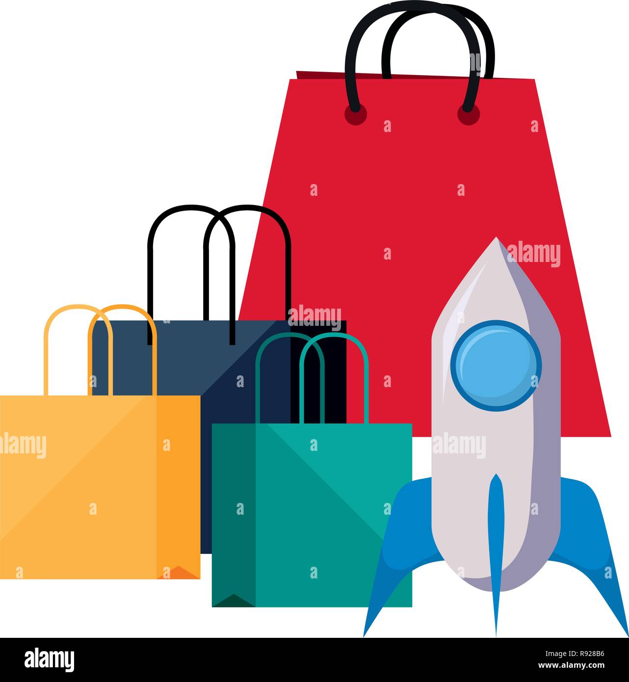 online shopping bags and rocket startup vector illustration Stock ...