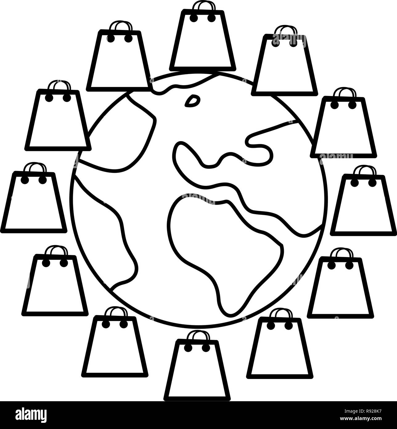online shopping bags and world commerce vector illustration outline ...