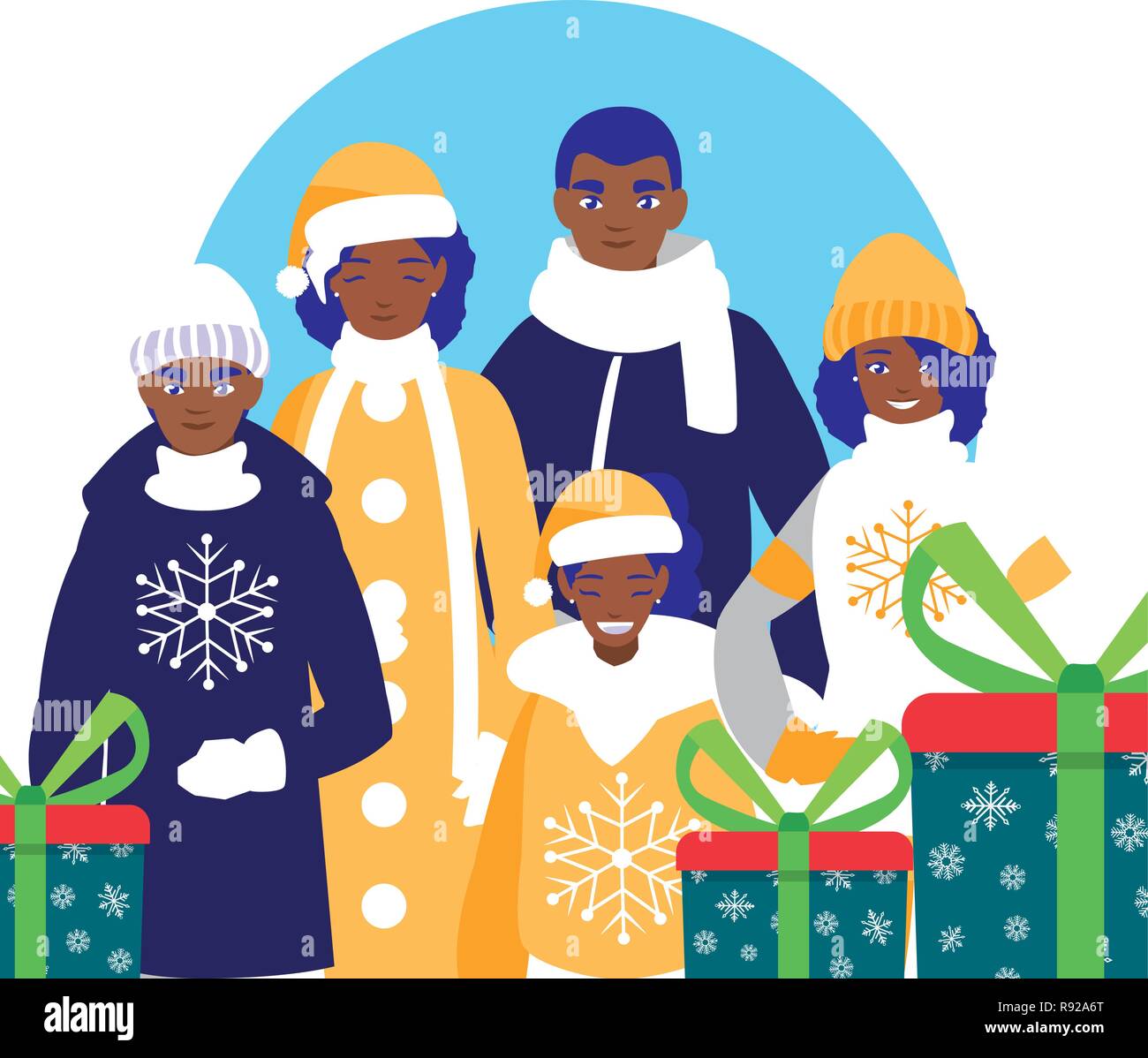 family with winter clothes and christmas gift box vector illustration ...