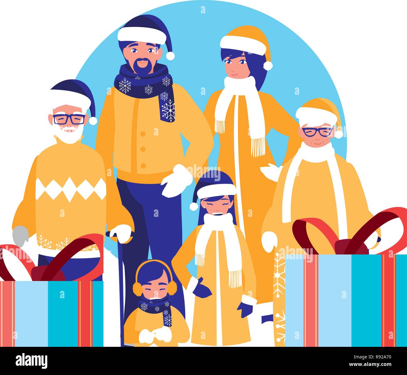 family with winter clothes and christmas gift box vector illustration ...