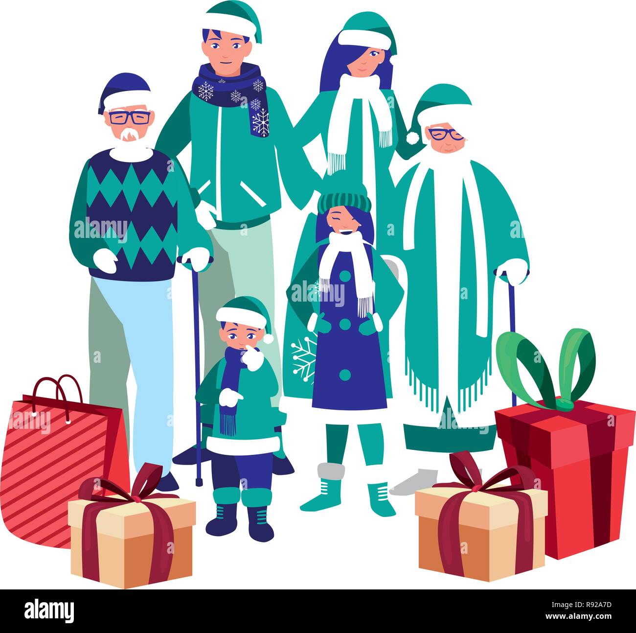 family with winter clothes and christmas gift box vector illustration ...