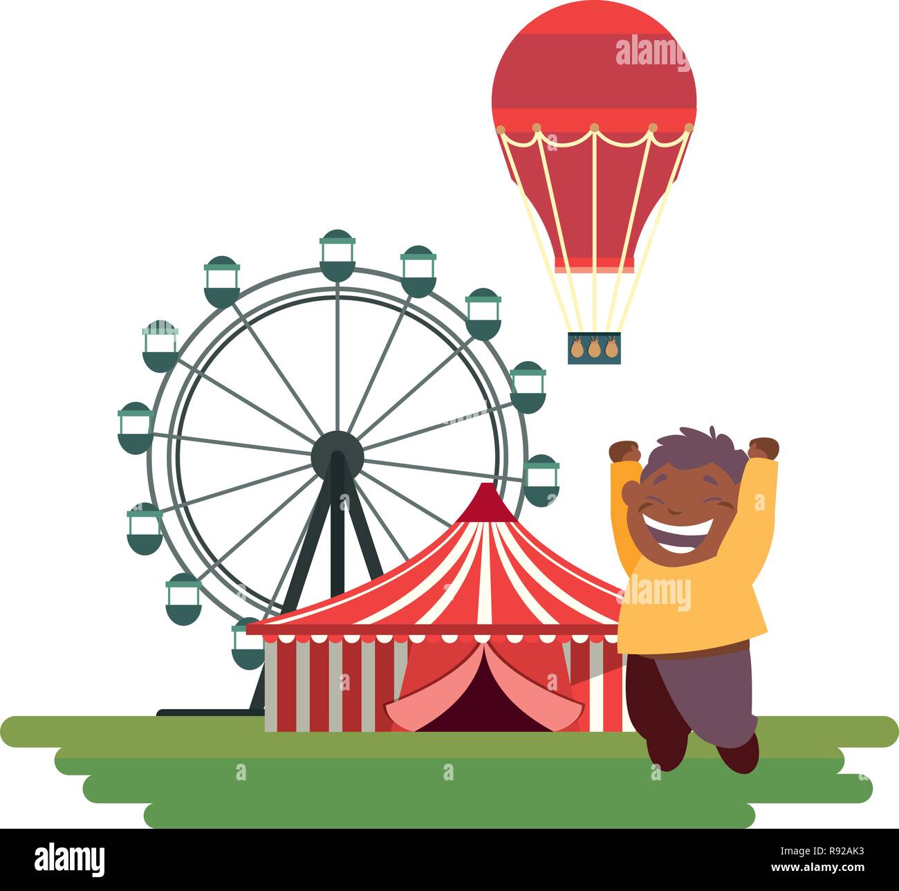 happy boy carnival ferris wheel hot air balloon vector illustration Stock Vector