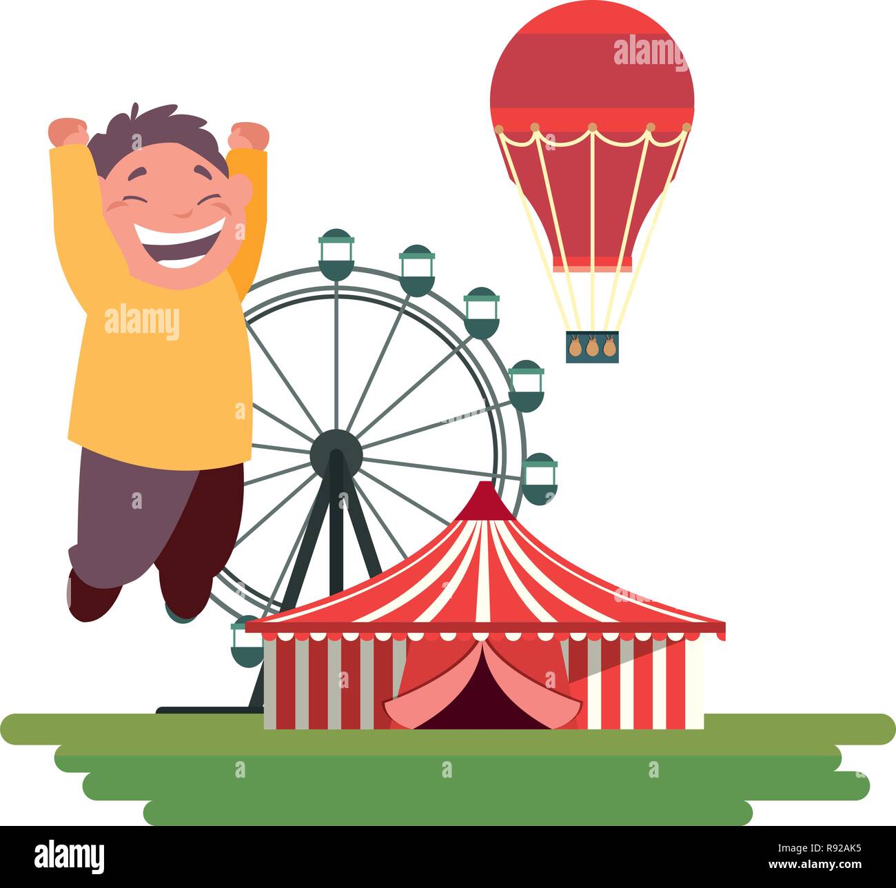 happy boy carnival ferris wheel hot air balloon vector illustration Stock Vector