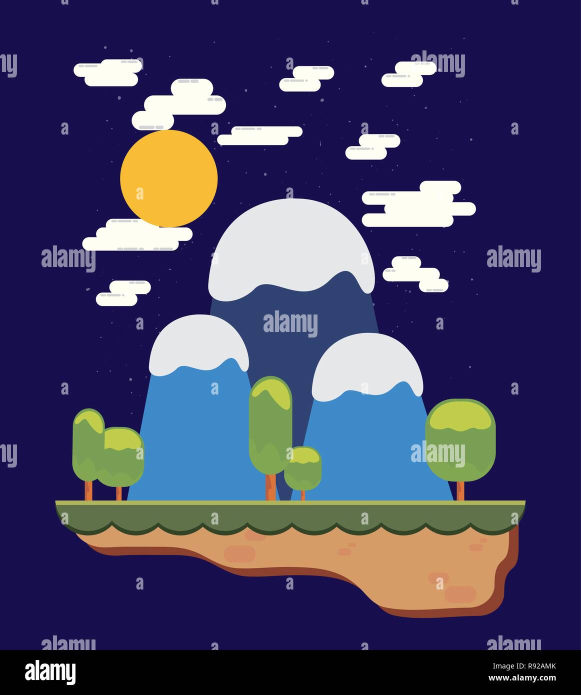 sun clouds mountains base level video game vector illustration Stock ...