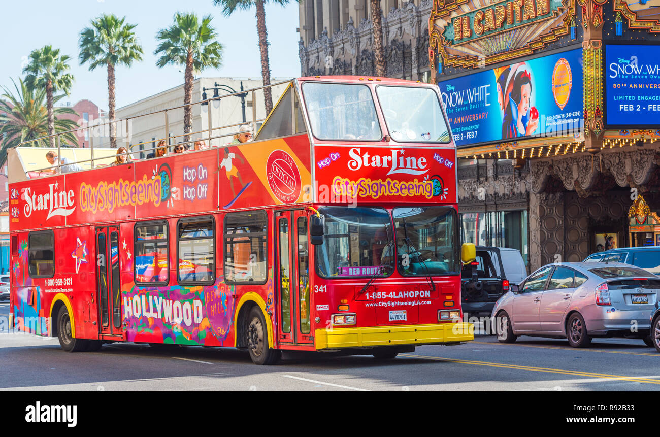 HOLLYWOOD, CALIFORNIA, USA - FEBRUARY 6, 2018: Red tourist bus on a ...