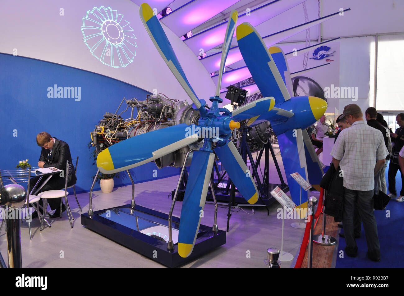 Zhukovsky, Russia. 20 August 2011. Air show MAKS-2011. Exhibition of aircraft and equipment in the hangar. Turboprop aircraft engine TVD-20-01 and TV7 Stock Photo