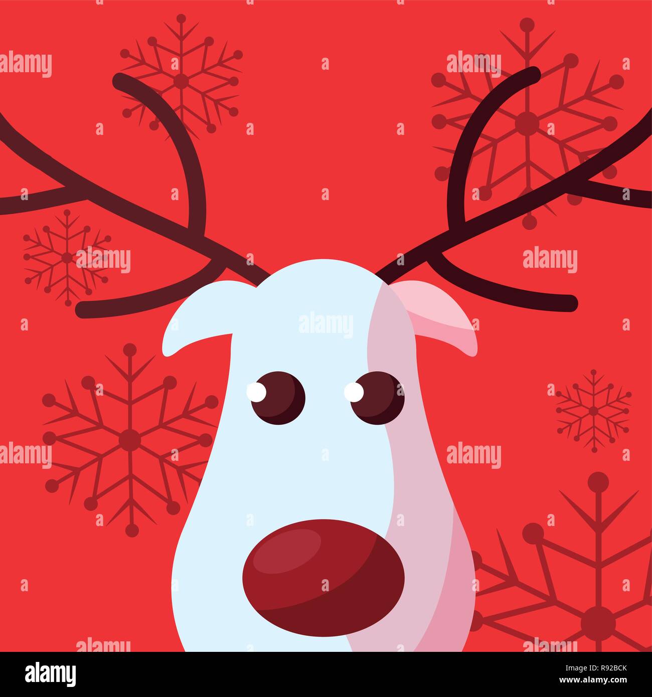 Cartoon christmas deer with red nose over red background, vector ...