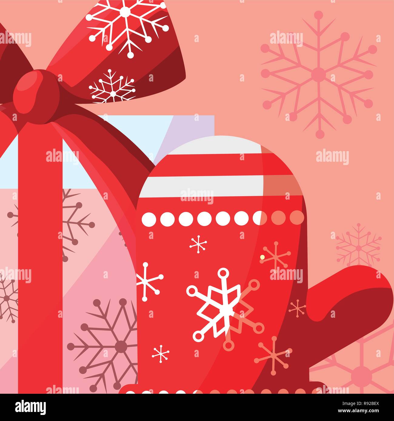 Christmas glove with gift box over red background, vector illustration