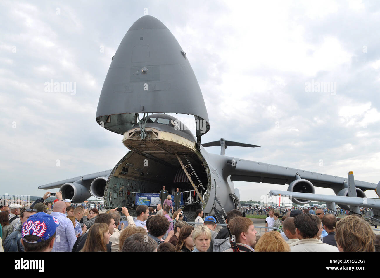 Zhukovsky, Russia. 20 August 2011. Air show MAKS-2011. Lockheed C-5M Super Galaxy military transport aircraft. Open front section Stock Photo
