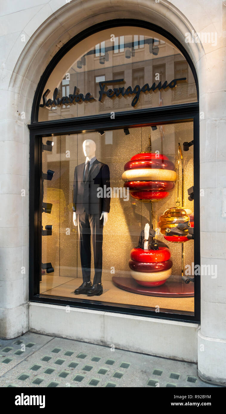 Shop window of the Salvatore Ferragamo Italian fashion store in Old Bond  Street, Mayfair, London, England, UK featuring a man's suit and accessories  Stock Photo - Alamy