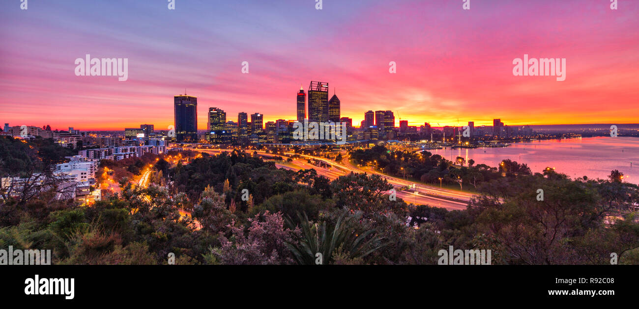 Perth, Australia. Perth skyline at sunrise with a view over the city and Swan River. Taken from Kings Park,  Western Australia Stock Photo