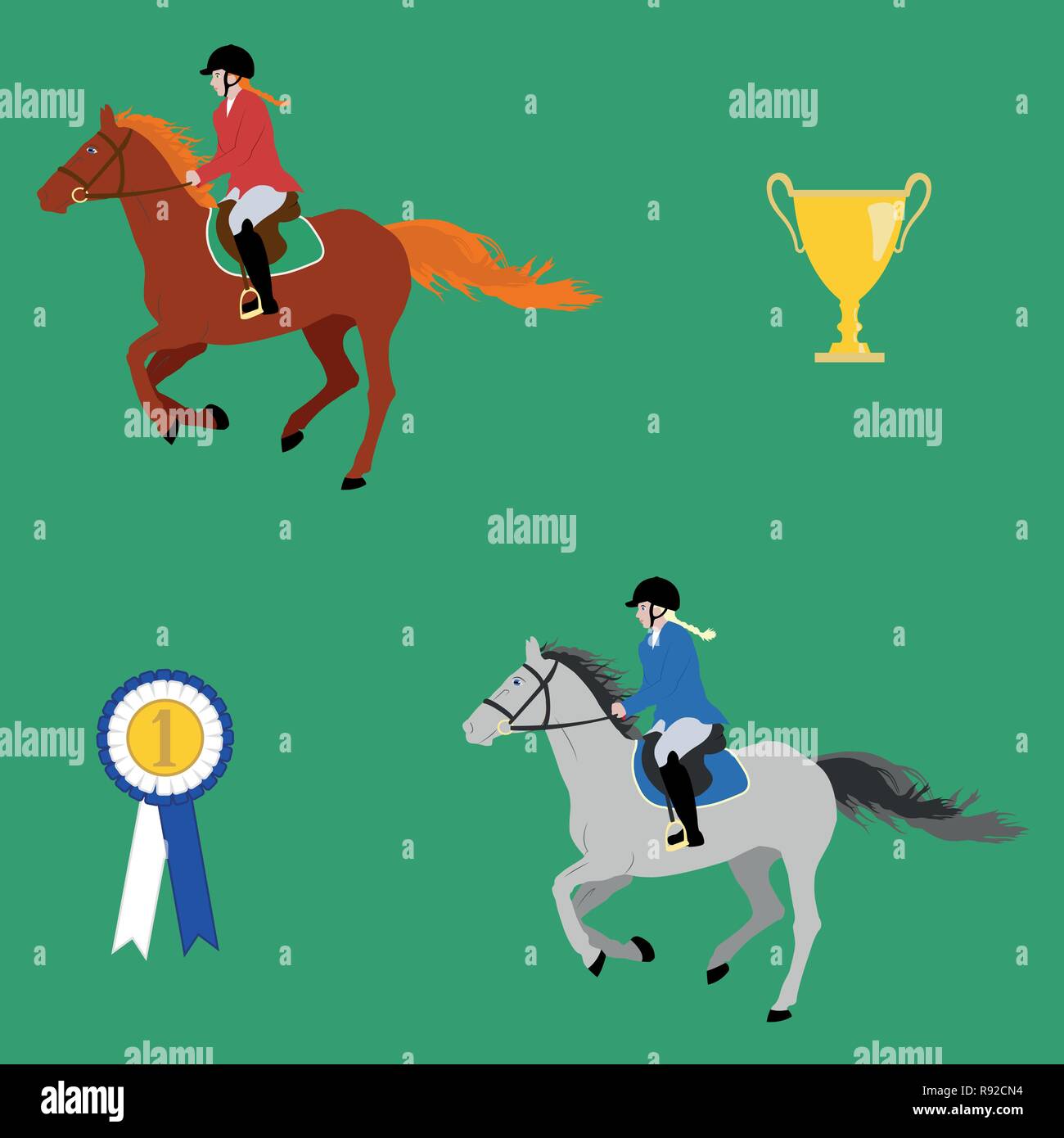 Rider in uniform on a galloping horse, trophy and prize rosette - vector illustration in flat style or seamless pattern. For prints on clothes and wra Stock Vector