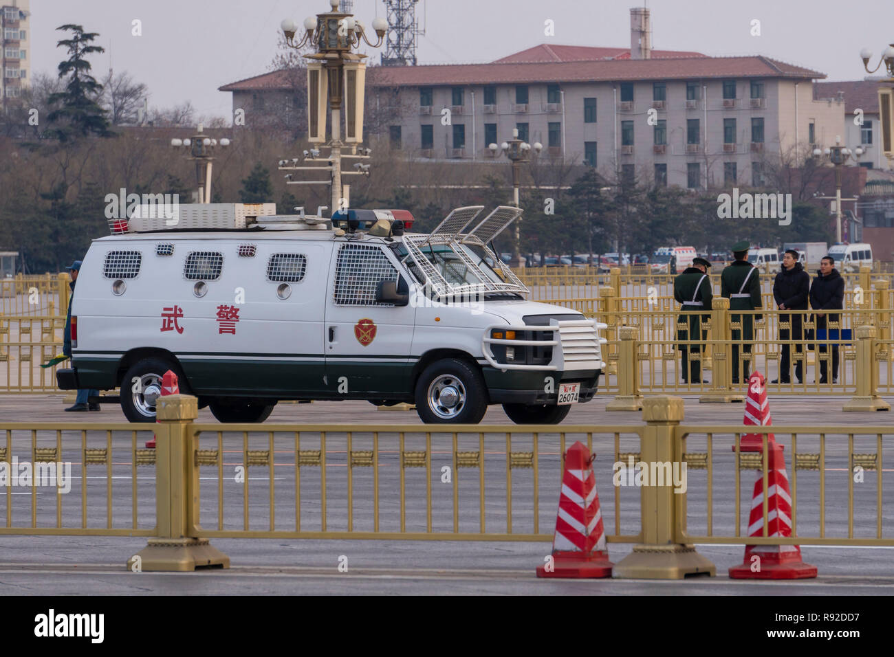 Vehicle and guards of the Chinese People's Armed Police Force Stock Photo