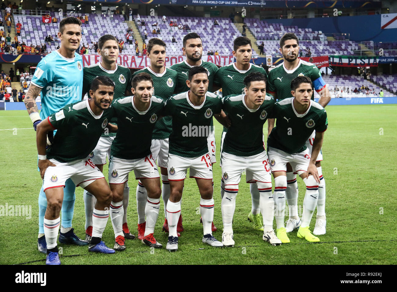 Al Ain, United Arab Emirates. 18th Dec, 2018. CD Guadalajara players line up proir to the start of the FIFA Club World Cup fifth place soccer match between ES Tunis and CD Guadalajara at Hazza Bin Zayed Stadium. Credit: Mohamed Flis/dpa/Alamy Live News Stock Photo