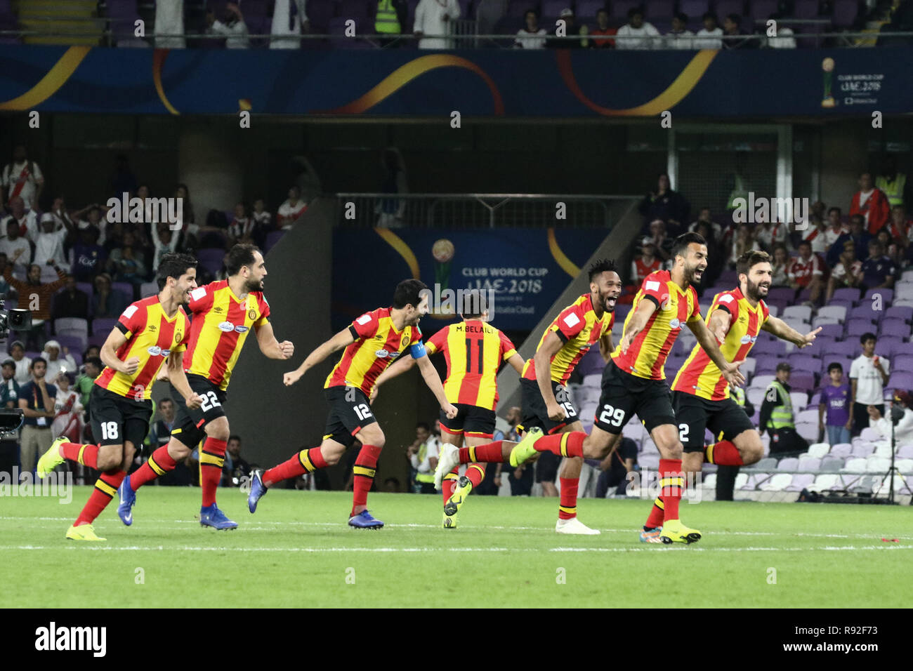 Al Ain, United Arab Emirates. 18th Dec, 2018. Es Tunis players celebrate after the FIFA Club World Cup fifth place soccer match between ES Tunis and CD Guadalajara at Hazza Bin Zayed Stadium. Credit: Mohamed Flis/dpa/Alamy Live News Stock Photo