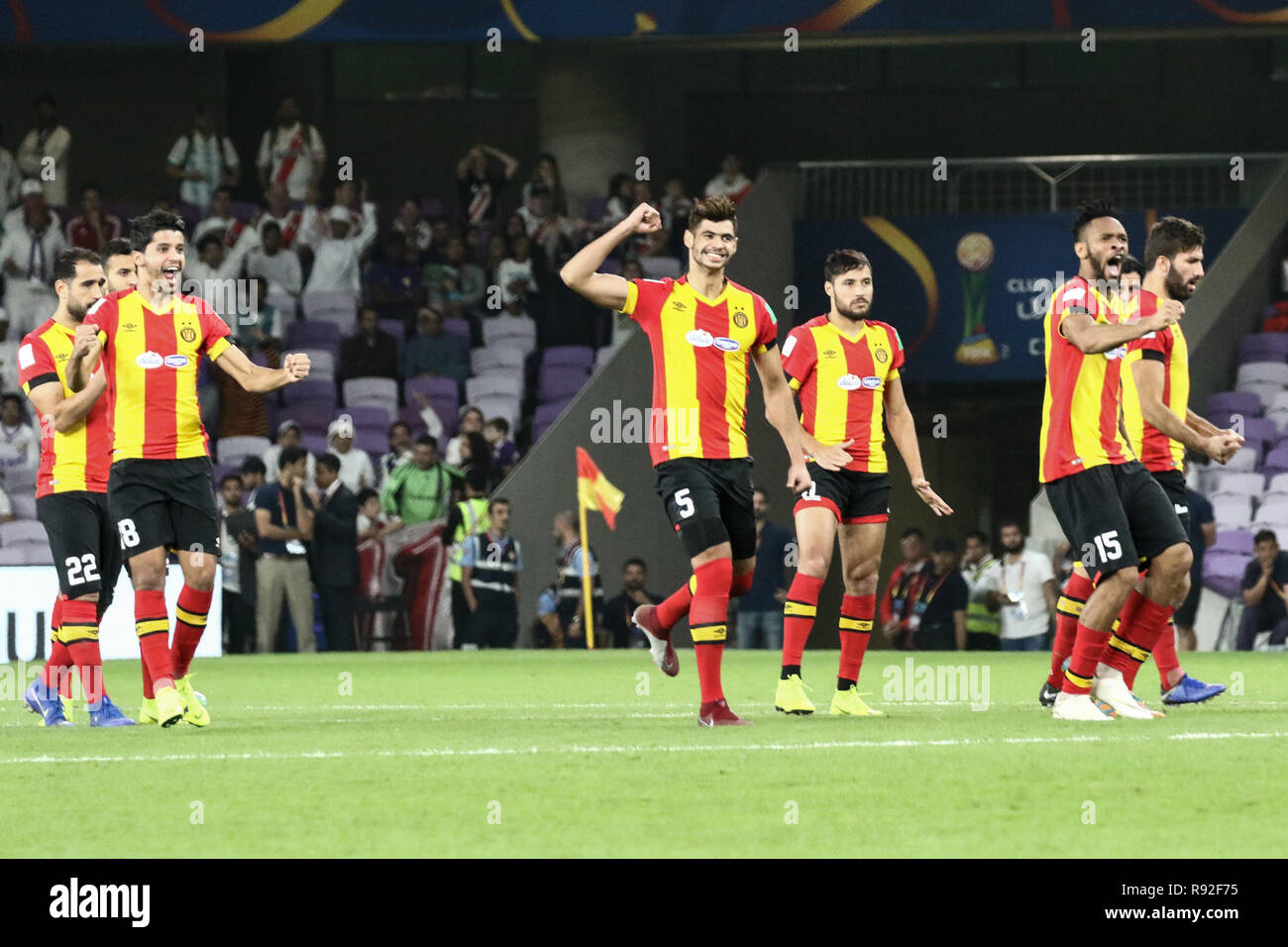 Al Ain, United Arab Emirates. 18th Dec, 2018. Es Tunis players celebrate after the FIFA Club World Cup fifth place soccer match between ES Tunis and CD Guadalajara at Hazza Bin Zayed Stadium. Credit: Mohamed Flis/dpa/Alamy Live News Stock Photo