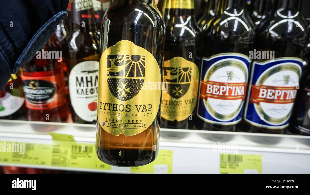 Athens, Greece. 18th Dec, 2018. Zythos Vap beers are seen on the shelf of a  supermarket deli in Athens. Credit: Loannis Alexopoulos/SOPA Images/ZUMA  Wire/Alamy Live News Stock Photo