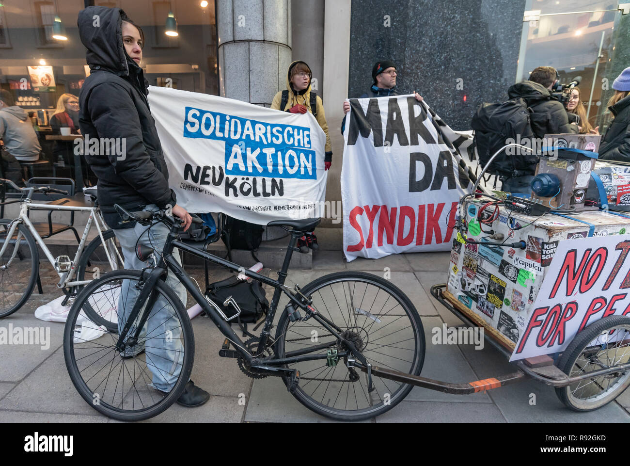 London, UK. 18th December 2018. Berlin community centre and pub Syndikat protested with London Renters Union outside the London offices of their landlord, Global Real Estate Investors Limited, owned by the secretive Pears brothers, three of the richest men in the UK, who through various 'letterbox' companies own around 6200 properties in Berlin, against notice to quit after being open for 33 years in Berlin-Neukölln. Credit: Peter Marshall/Alamy Live News Stock Photo