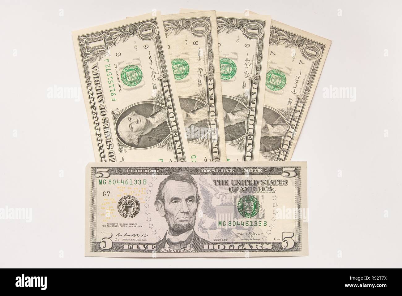 Athens, Greece. 19th Dec, 2018. One (1) dollar bills and a five (5) dollar bill seen displayed. Credit: Nikolas Joao Kokovlis/SOPA Images/ZUMA Wire/Alamy Live News Stock Photo