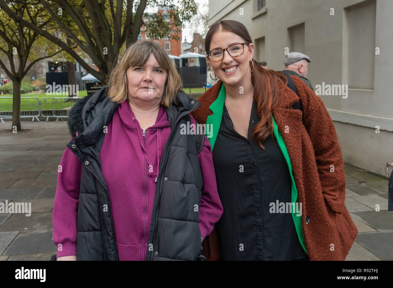 London, UK. 19th Dec, 2018. North West Durham Labour MP Laura Pidcock and DPAC's Paula Peters at the protest in support of the parliamentary debate due later in the day on the cumulative impact of the cuts on the lives of disabled people. They say the government cuts and changes in benefits, along with inappropriate benefit sanctions, have had a disproportionate effect on disabled people, resulting in great hardship, denying people their rights and many deaths. Credit: Peter Marshall/Alamy Live News Stock Photo