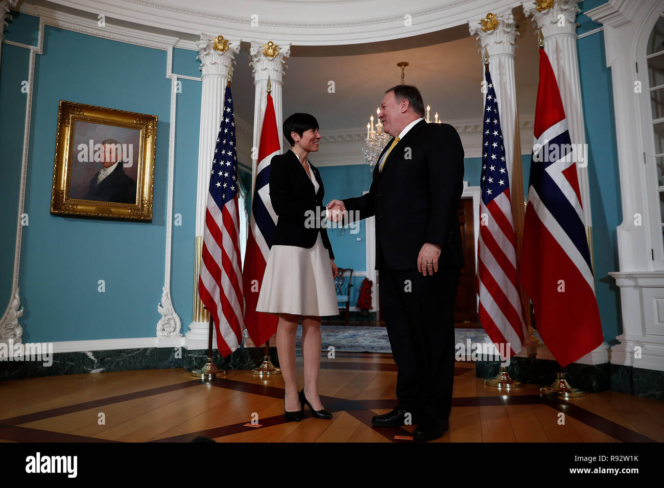 Washington, USA. 19th Dec, 2018. U.S. Secretary of State Mike Pompeo (R) meets with Norwegian Foreign Minister Ine Eriksen Soreide at the U.S. Department of State in Washington, DC, the United States, on Dec. 19, 2018. Credit: Ting Shen/Xinhua/Alamy Live News Stock Photo