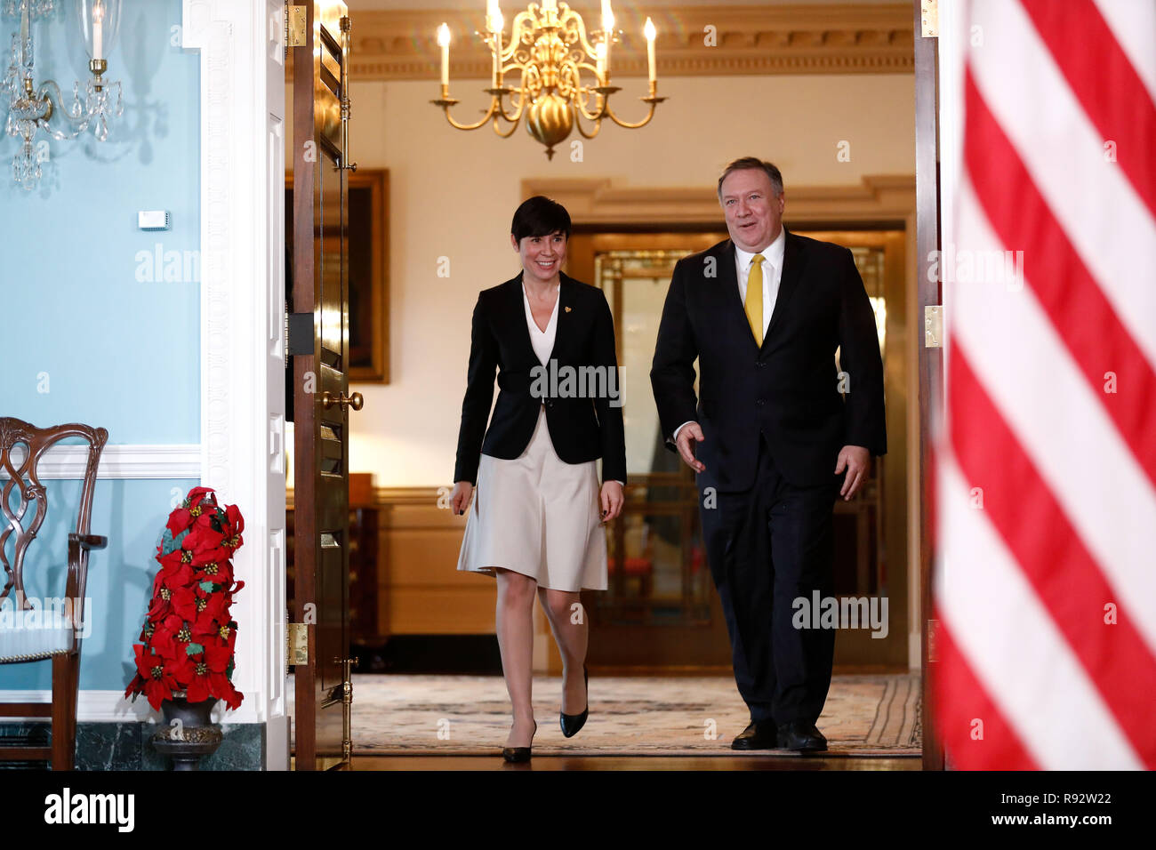 Washington, USA. 19th Dec, 2018. U.S. Secretary of State Mike Pompeo (R) meets with Norwegian Foreign Minister Ine Eriksen Soreide at the U.S. Department of State in Washington, DC, the United States, on Dec. 19, 2018. Credit: Ting Shen/Xinhua/Alamy Live News Stock Photo