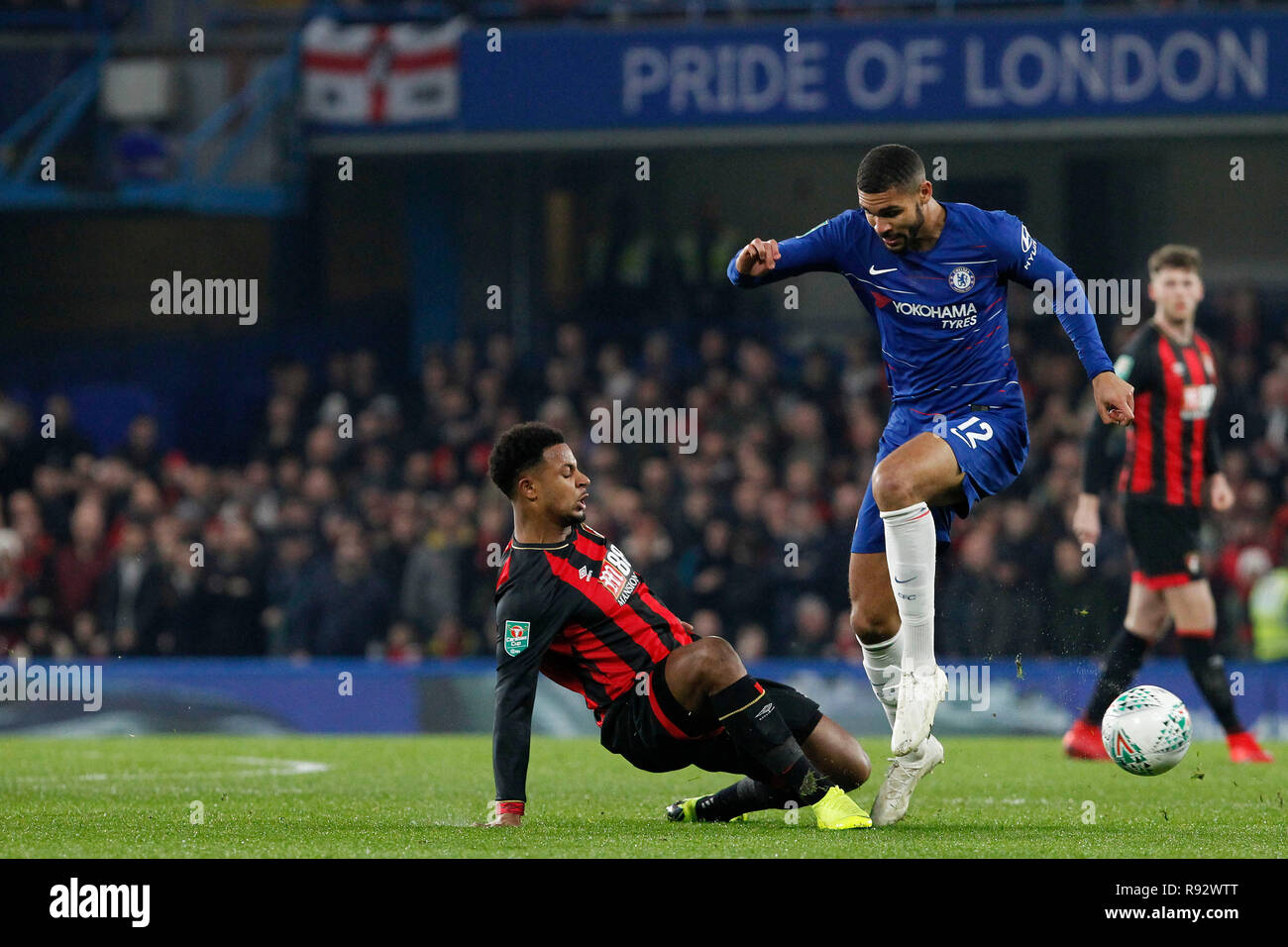 London, UK. 19th Dec, 2018. Ruben Loftus-Cheek of Chelsea is tackled by Lys Mousset of AFC Bournemouth during the EFL Carabao Cup Quarter Final match between Chelsea and Bournemouth at Stamford Bridge, London, England on 19 December 2018. Photo by Carlton Myrie. Editorial use only, license required for commercial use. No use in betting, games or a single club/league/player publications. Credit: UK Sports Pics Ltd/Alamy Live News Stock Photo