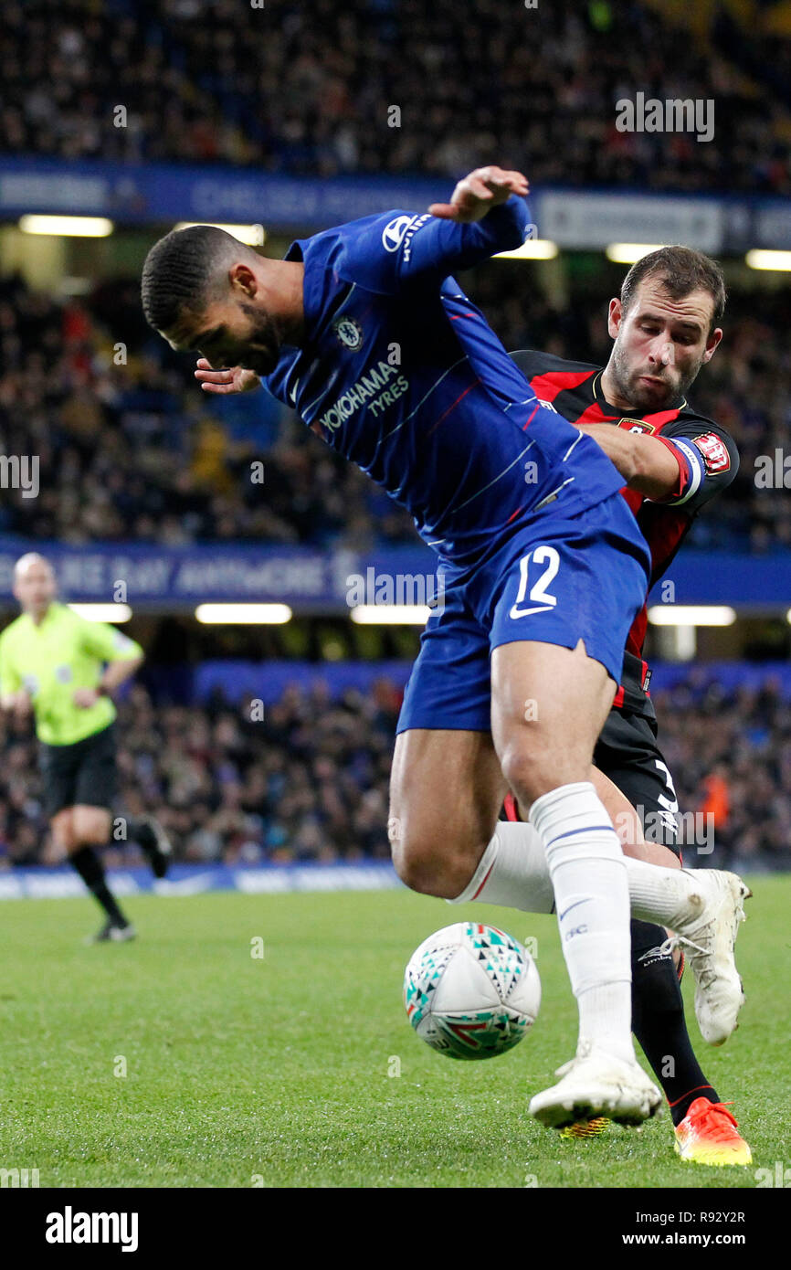 London, UK. 19th Dec, 2018. Ruben Loftus-Cheek of Chelsea evades Steve Cook of AFC Bournemouth during the EFL Carabao Cup Quarter Final match between Chelsea and Bournemouth at Stamford Bridge, London, England on 19 December 2018. Photo by Carlton Myrie.  Editorial use only, license required for commercial use. No use in betting, games or a single club/league/player publications. Credit: UK Sports Pics Ltd/Alamy Live News Stock Photo