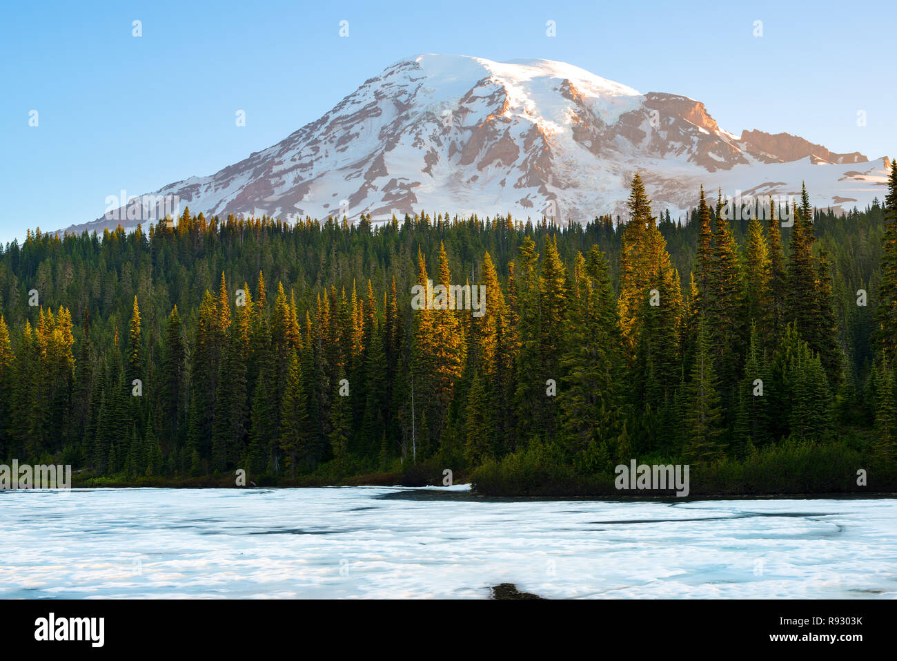 Frozen Reflection Lake and  Mount Rainier at sunrise, Mount Rainier National Park, Washington State, USA Stock Photo